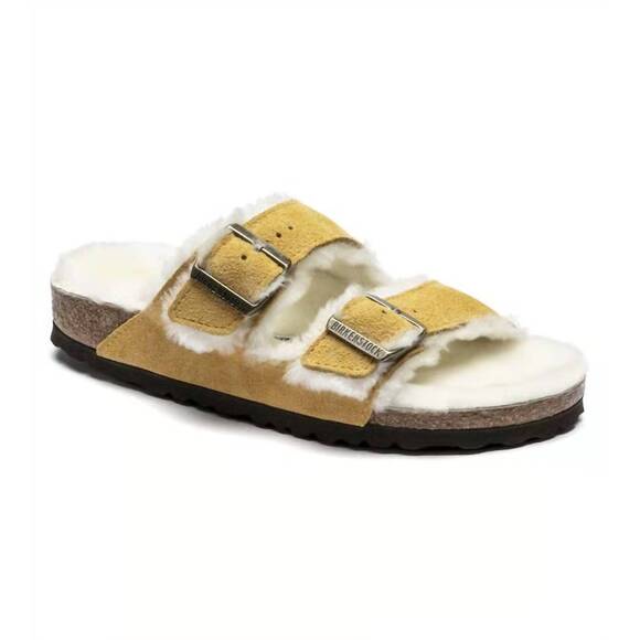 NEW BIRKENSTOCK women's arizona shearling sandal in ochre/beige - Picture 3 of 6